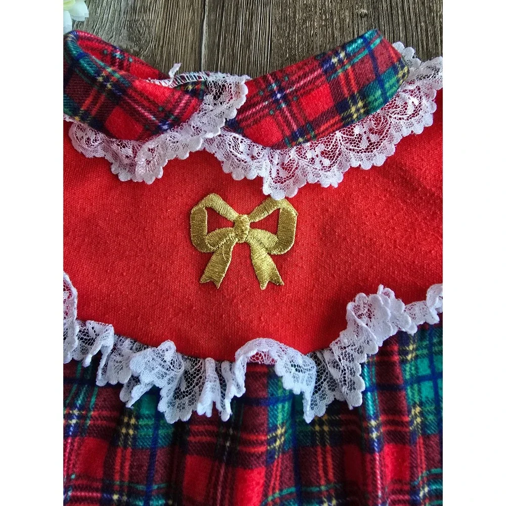 Vintage 80s Playskool Red Plaid Christmas Romper Sleepwear Size Large 6-12m Lace